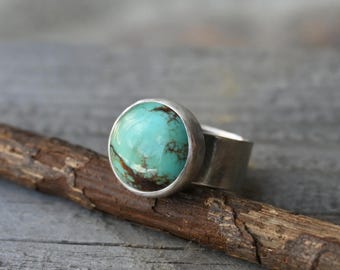 Blue Kingman Turquoise Sterling Silver Ring - Wide Band