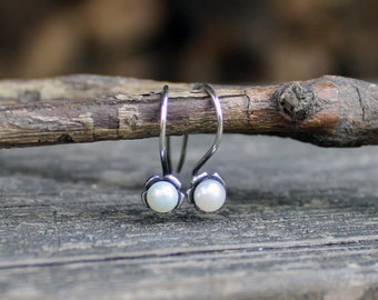 Dainty freshwater pearl sterling silver dangle earrings  / gift for her / jewelry sale / rustic wedding / petite white pearl earrings