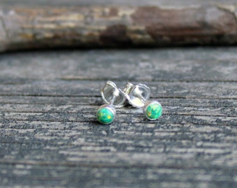 TINY green flash opal sterling silver stud earrings / gift for her / jewelry sale / dainty opal earrings / girls earrings