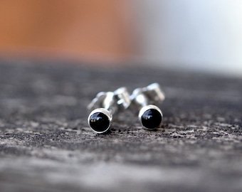 Tiny black onyx sterling silver stud earrings 3mm / gift for her / unisex earrings / 3mm earrings / simple stone earrings / black studs