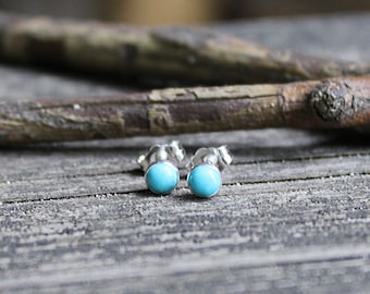 Blue Kingman Turquoise Stud Earrings: Sterling Silver, 4mm Boho Jewelry