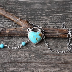 Kingman Turquoise Heart Necklace: Sterling Silver Beaded Cable Chain