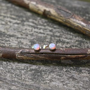 May include: A pair of opal stud earrings. Each earring features a round, iridescent opal stone set in a silver-colored metal. The opals display a mix of pink, orange, and white hues. The earrings are displayed on a wooden branch.
