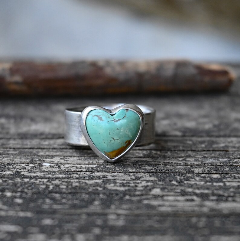 Green Kingman turquoise heart sterling silver ring / YOUR SIZE / gift for her / jewelry sale / rustic turquoise ring / wide band ring image 1