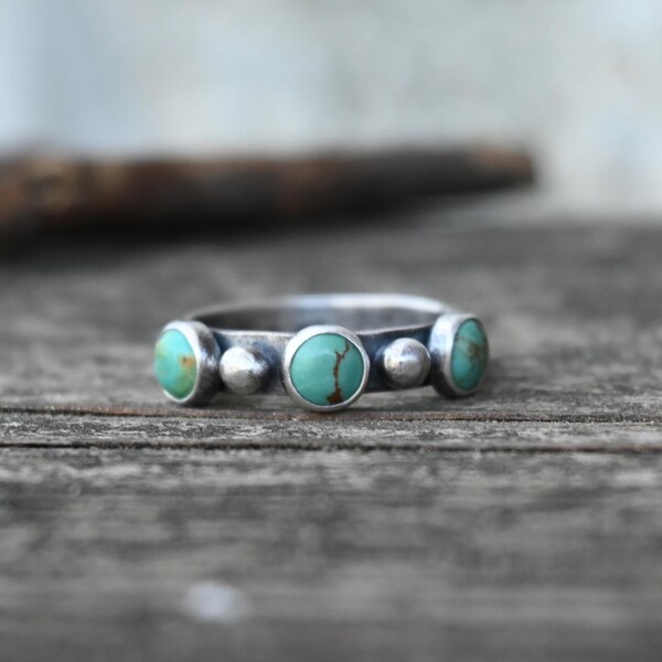 30% off READY To Ship Size 6 Three stone green blue Kingman turquoise sterling silver ring  / turquoise band / gift for her / jewelry sale