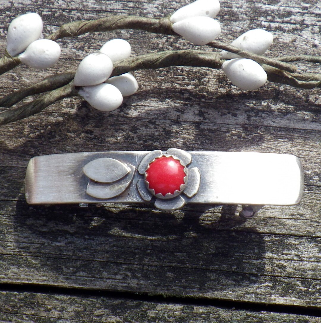 Red Coral Barrette / SMALL Silver Barrette / Flower Barrette / Gift for ...