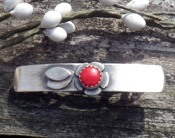 Red coral barrette / SMALL silver barrette / flower barrette / gift for her / French barrette / sterling barrette / bangs barrette / sale