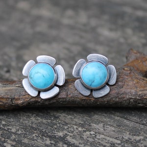 Blue Kingman turquoise stud earrings / sterling silver turquoise flower earrings / gift for her / jewelry sale / boho earrings