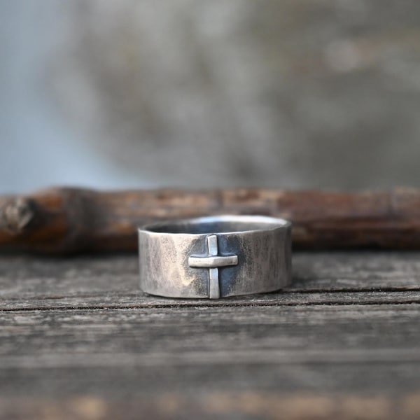 Rustic Sterling Silver Cross Ring: Hammered Christian Band