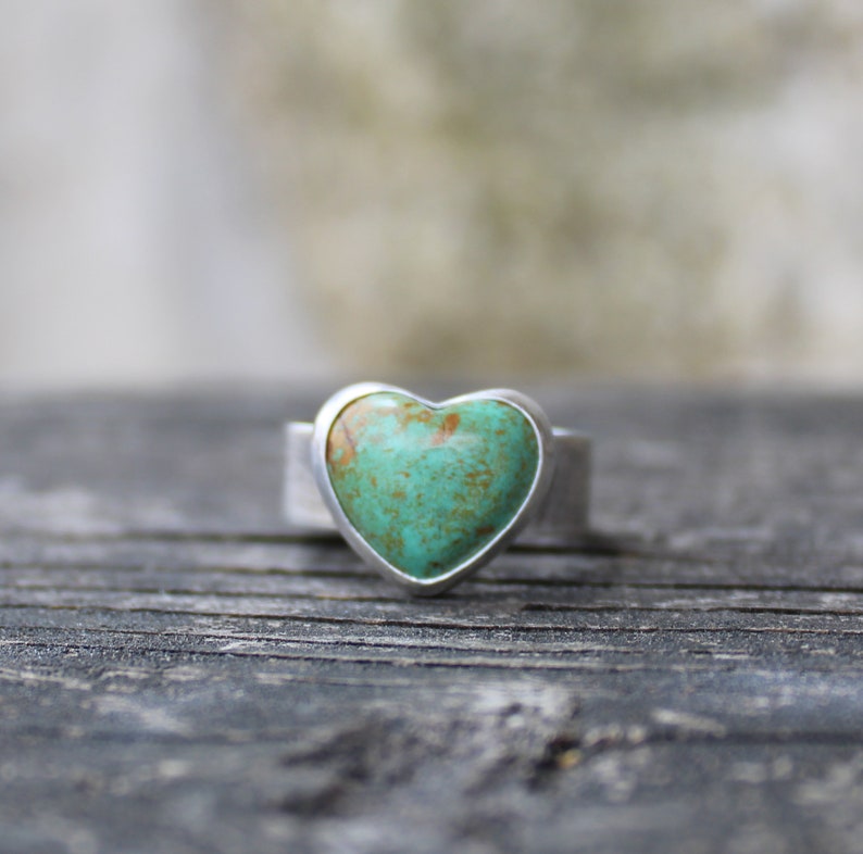 Green blue Kingman turquoise heart sterling silver ring / YOUR SIZE / gift for her / jewelry sale / rustic turquoise ring / wide band ring image 1