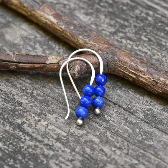 Lapis Lazuli Three Stone Sterling Silver Dangle Earrings Tiny