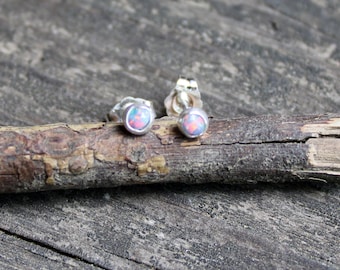 Tiny gray & pink opal sterling silver stud earrings / October birthstone / gift for her / jewelry sale / gemstone stud earrings / 3mm studs