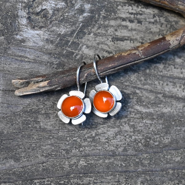 Orange carnelian sterling silver flower dangle earrings