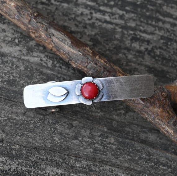 Red Coral Chip Barrette Hair Clip Red Coral Copper Hair Clip: Wire Wrapped Gemstone Barrette  main image 4