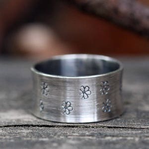 Daisy ring / sterling silver ring / wide band ring / stamped ring / gift for her / jewelry sale / boho ring / cute ring / wide band image 1