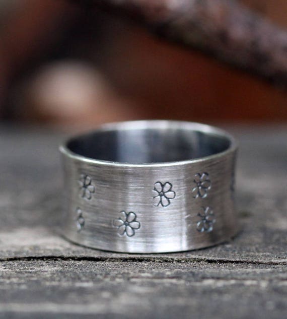 Daisy Stamped Sterling Silver Wide Band Ring - 11mm