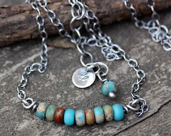 Collier en argent sterling jaspe turquoise : collier bohème de perles