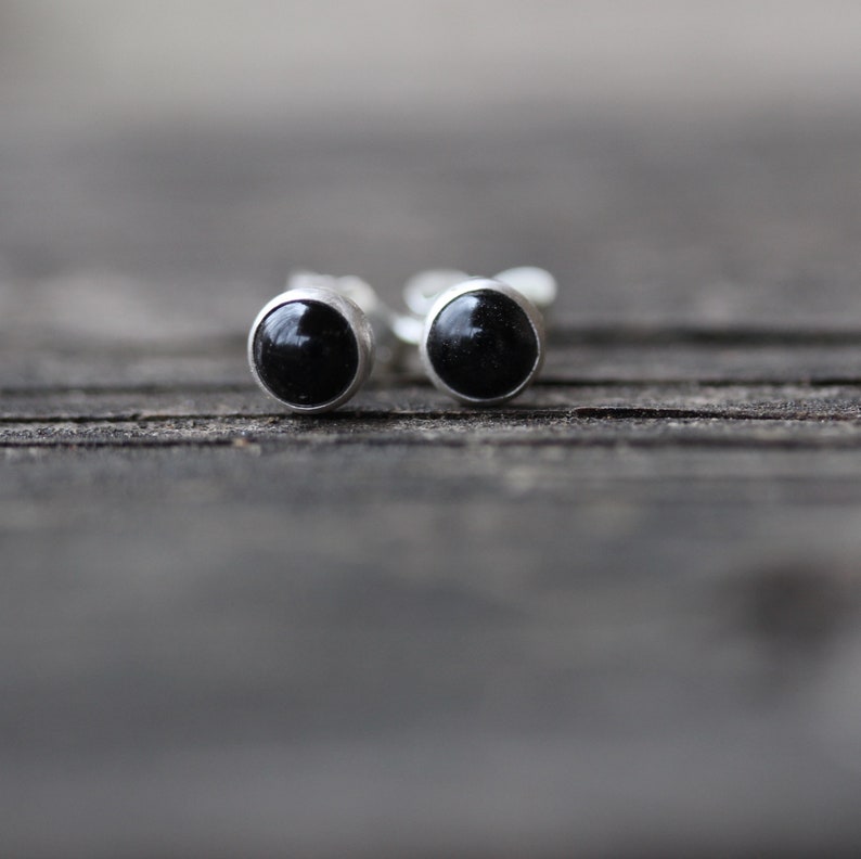 Black onyx sterling silver stud earrings 5mm / gift for her / unisex earrings / black stone earrings / simple stone earrings / black studs image 1