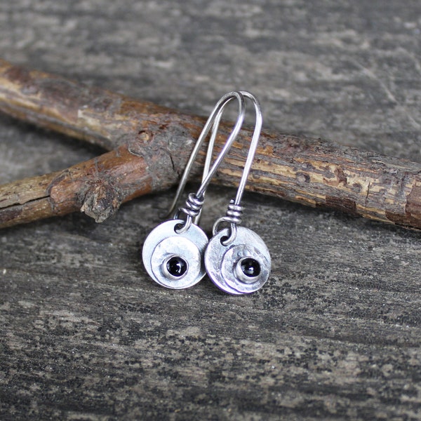 Black onyx sterling silver rustic dangle earrings