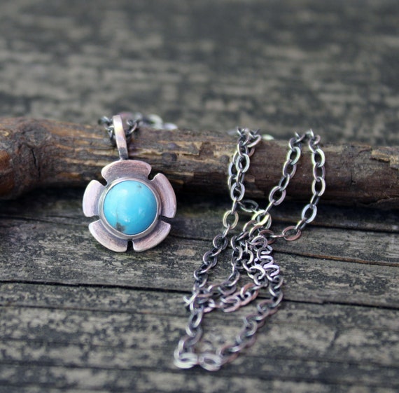 Blue Kingman Turquoise Flower Necklace Simple Sterling Silver