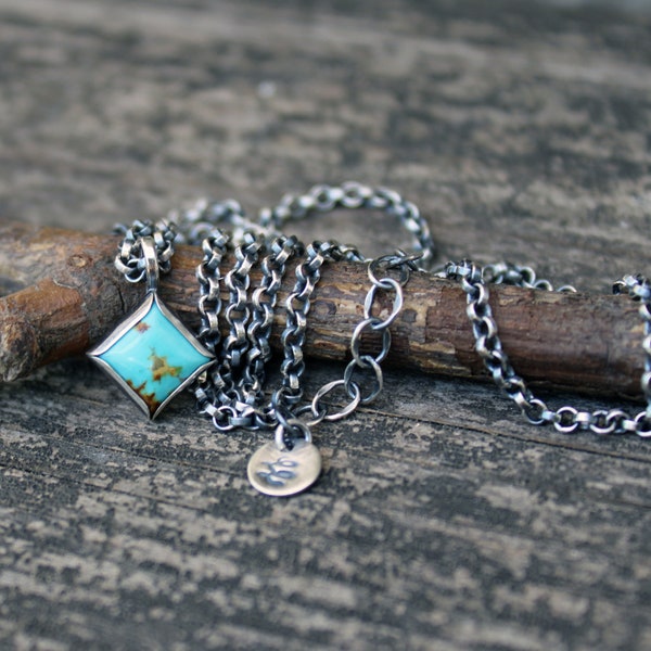 Blue Kingman turquoise sterling silver necklace / American mined turquoise / diamond turquoise necklace / sterling rolo chain