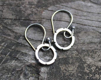Tiny rustic circle sterling silver dangle earrings / small earrings / gift for her / jewelry sale / simple earrings / minimalist earrings