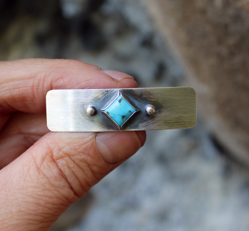 Blue Kingman turquoise sterling silver barrette / SMALL silver barrette / gift for her / French barrette / blue stone barrette / bangs image 4