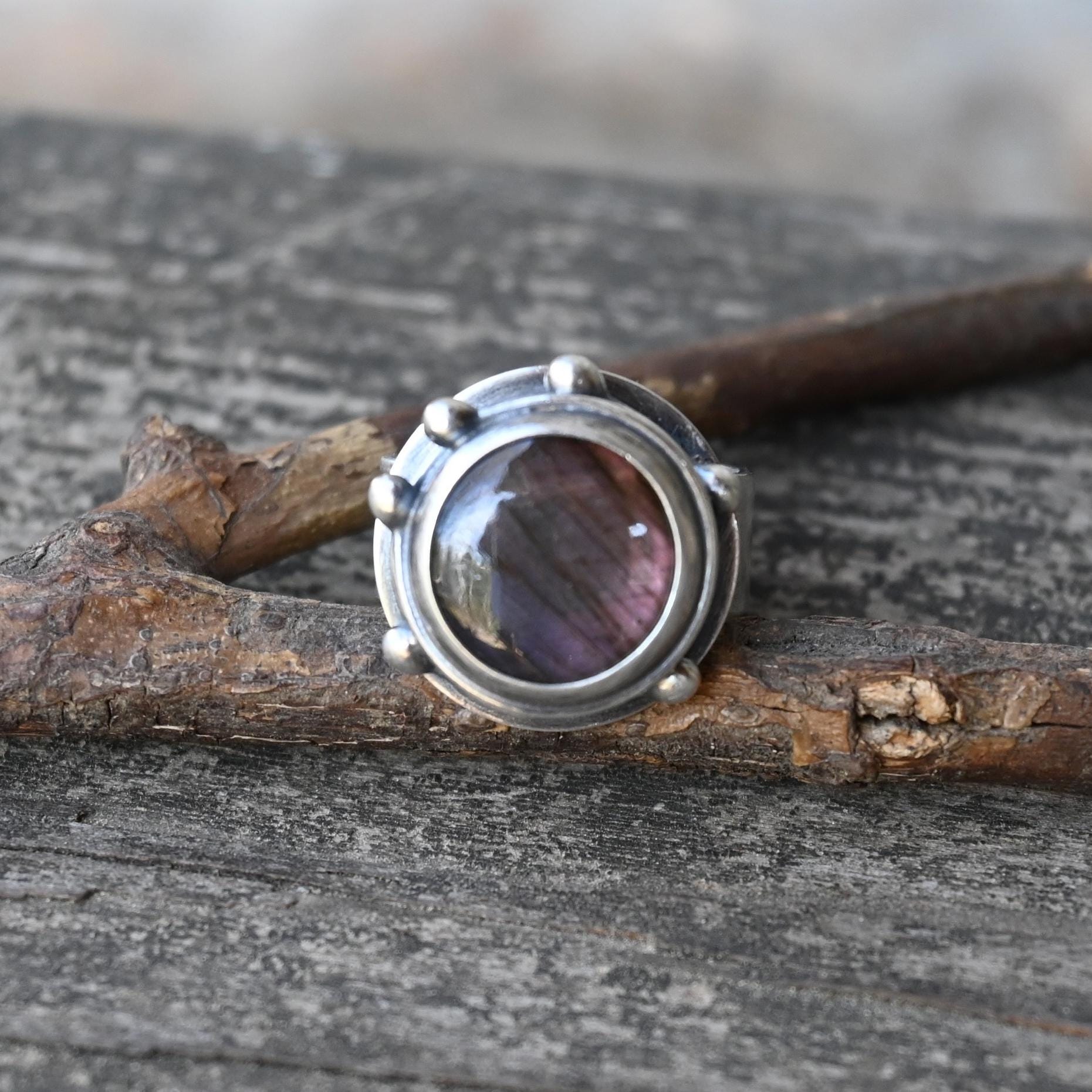 Purple Labradorite Sterling Silver Ring: Wide Band Bramble Design