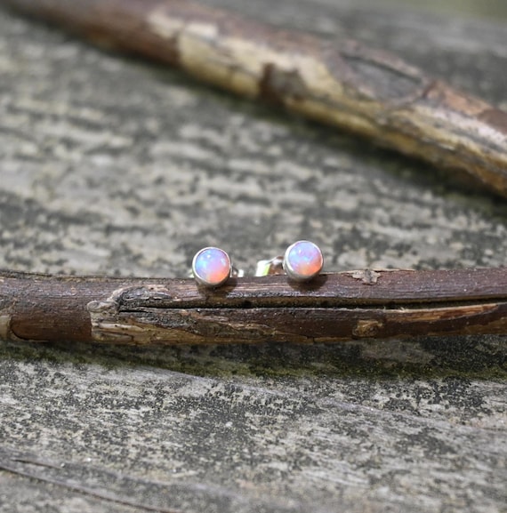 Tiny Pink Opal Sterling Silver Stud Earrings: October Birthstone