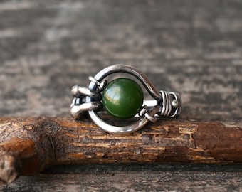 Kinetic Sterling Silver Ring: Natural Nephrite Jade, Floating Stone