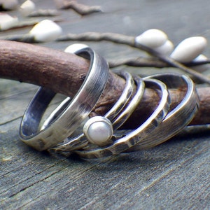 Rustic Sterling Silver Pearl Stacking Rings Set