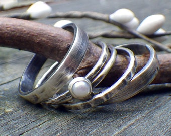 Pearl stacking rings / rustic silver band / stacking bands / gift for her / jewelry sale / pearl ring / silver ring band / sterling ring