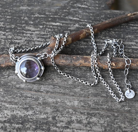 Purple Labradorite Sterling Silver Bramble Necklace - Oxidized Rolo Chain