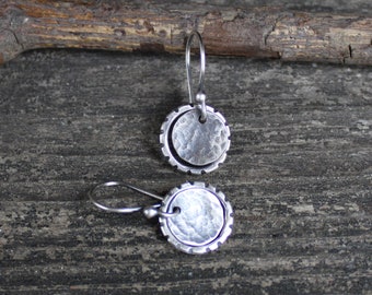 Rustic hammered sterling silver disc and circle dangle earrings / small earrings / sterling silver earrings / gift for her  / jewelry sale