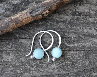 Mint green moonstone sterling silver open hoop earrings / gift for her / tiny dangle earrings / silver dangle earrings / jewelry sale
