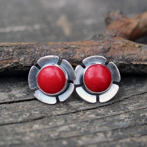 Red coral stud earrings / sterling silver studs /  flower stud earrings / gift for her / jewelry sale / red earrings / large stud earrings