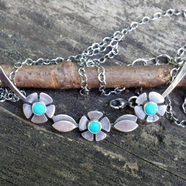 Blue Kingman turquoise necklace / sterling flower necklace / silver necklace / gift for her / turquoise necklace / yoke necklace / sale