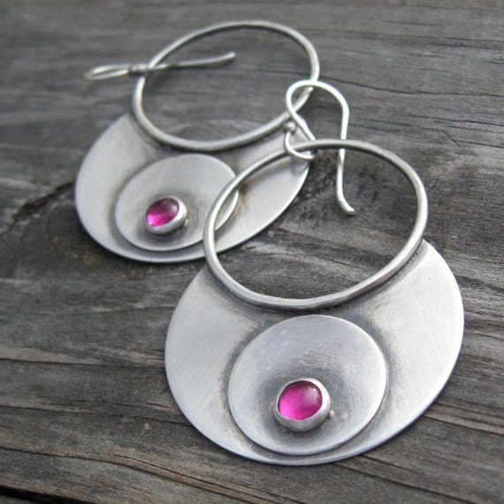 Large ruby sterling silver gypsy hoop dangle earrings | Etsy