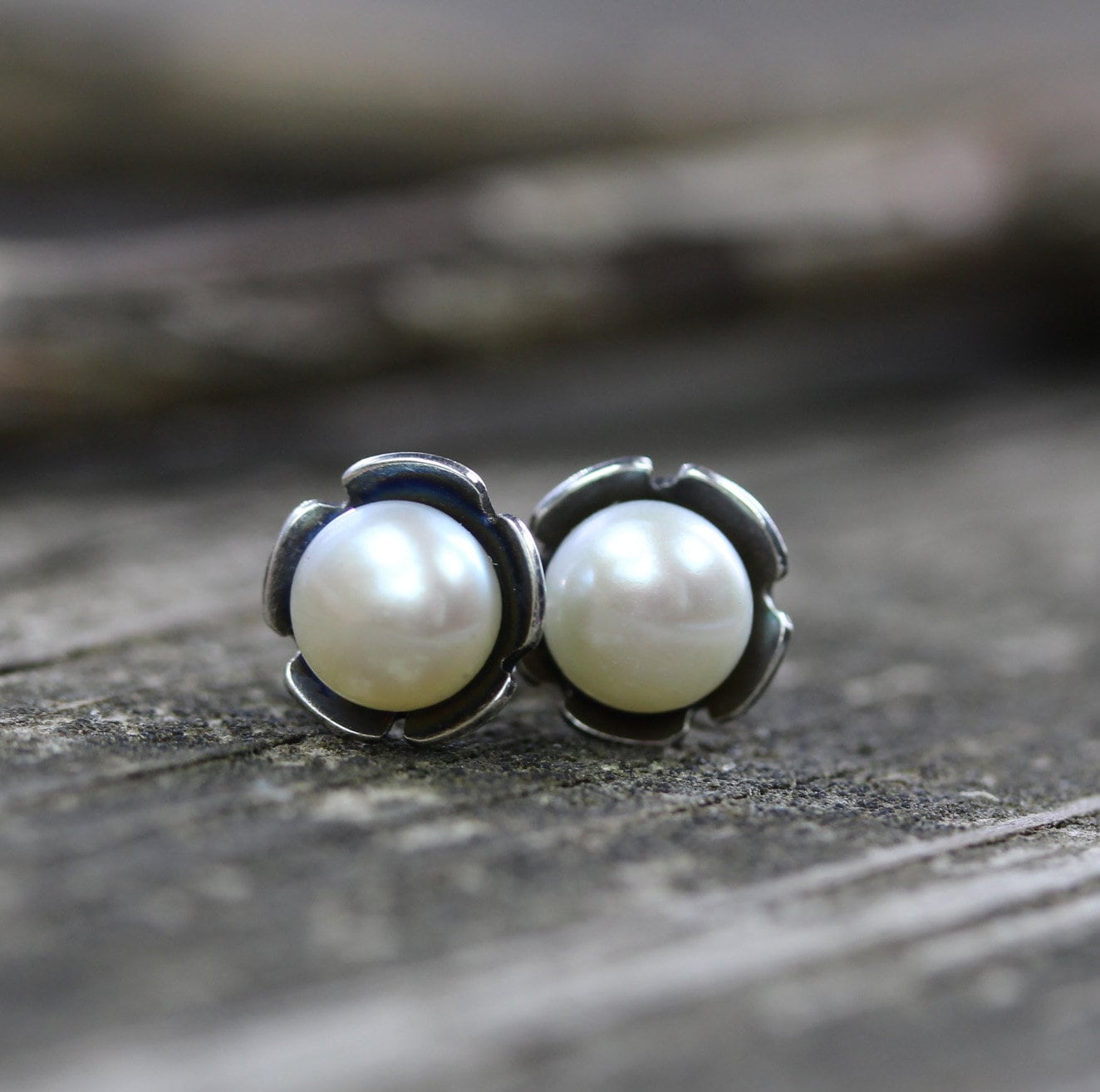 Sterling Silver Flower Stud Earrings: Medium Freshwater Pearls