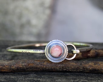 Natural pink opal sterling silver bangle  bracelet / rustic textured sterling silver bracelet / gift for her / jewelry sale / pink stone