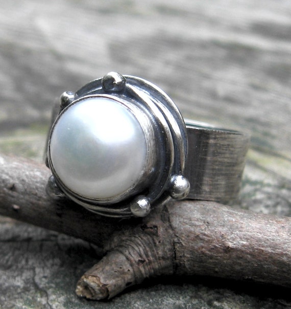 Pearl ring large pearl ring sterling silver pearl statement ring gift for her jewelry sale wide silver band rustic pearl ring