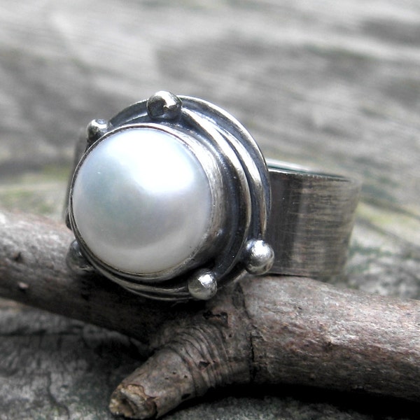 Pearl ring / large pearl ring / sterling silver / pearl statement ring / gift for her / jewelry sale / wide silver band / rustic pearl ring