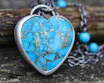 Blue copper turquoise heart necklace / sterling silver necklace / American turquoise necklace / gift for her / jewelry sale / beaded