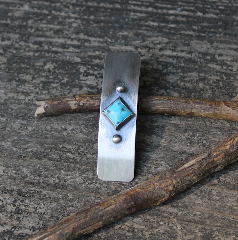 Blue Kingman turquoise sterling silver barrette / SMALL silver barrette / gift for her / French barrette / blue stone barrette / bangs image 2