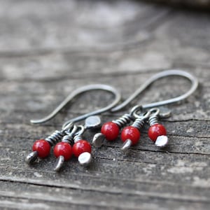 Red Coral Sterling Silver Dangle Earrings: Hammered Petite Dangles