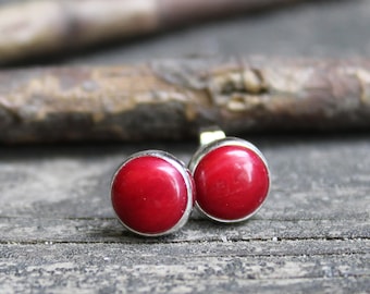 Red coral sterling silver stud earrings / large red earrings / gift for her / jewelry sale / minimalist earrings / simple stud earrings