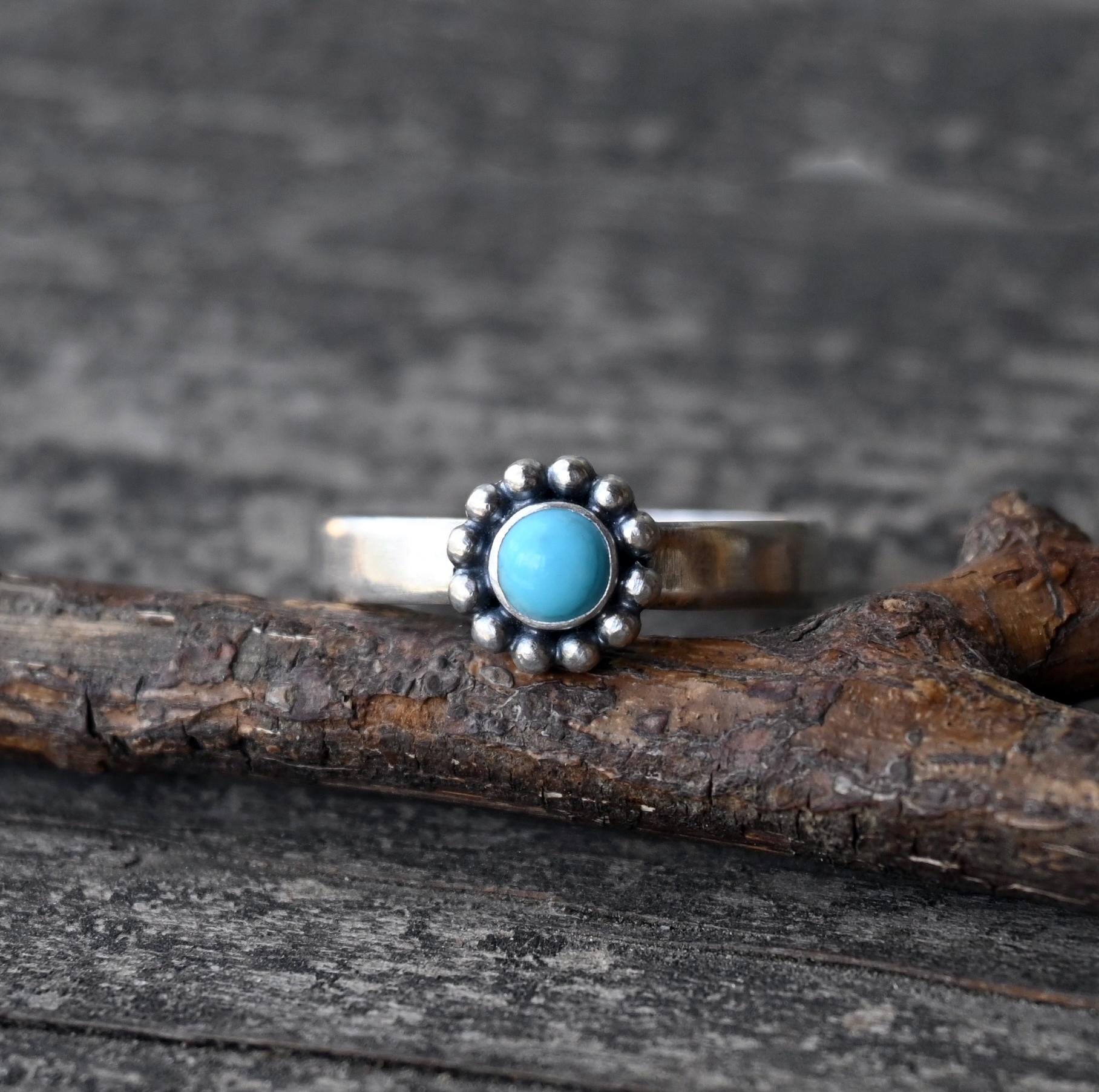 Kingman Turquoise Sterling Silver Daisy Ring - Dainty Band - Etsy