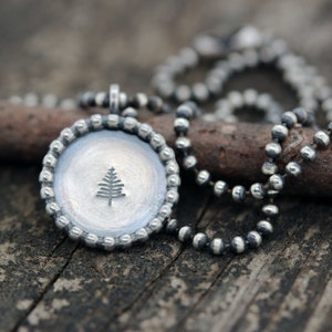 Stamped Pine Tree Sterling Silver Necklace: Rustic Forest Jewelry