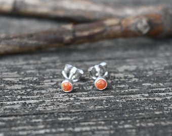 Tiny orange opal sterling silver stud earrings / October birthstone / gift for her / jewelry sale / gemstone stud earrings / 3mm studs