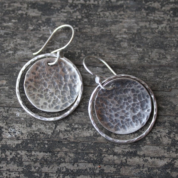 Rustic hammered sterling silver large disc and circle dangle earrings / sterling silver earrings / gift for her  / jewelry sale